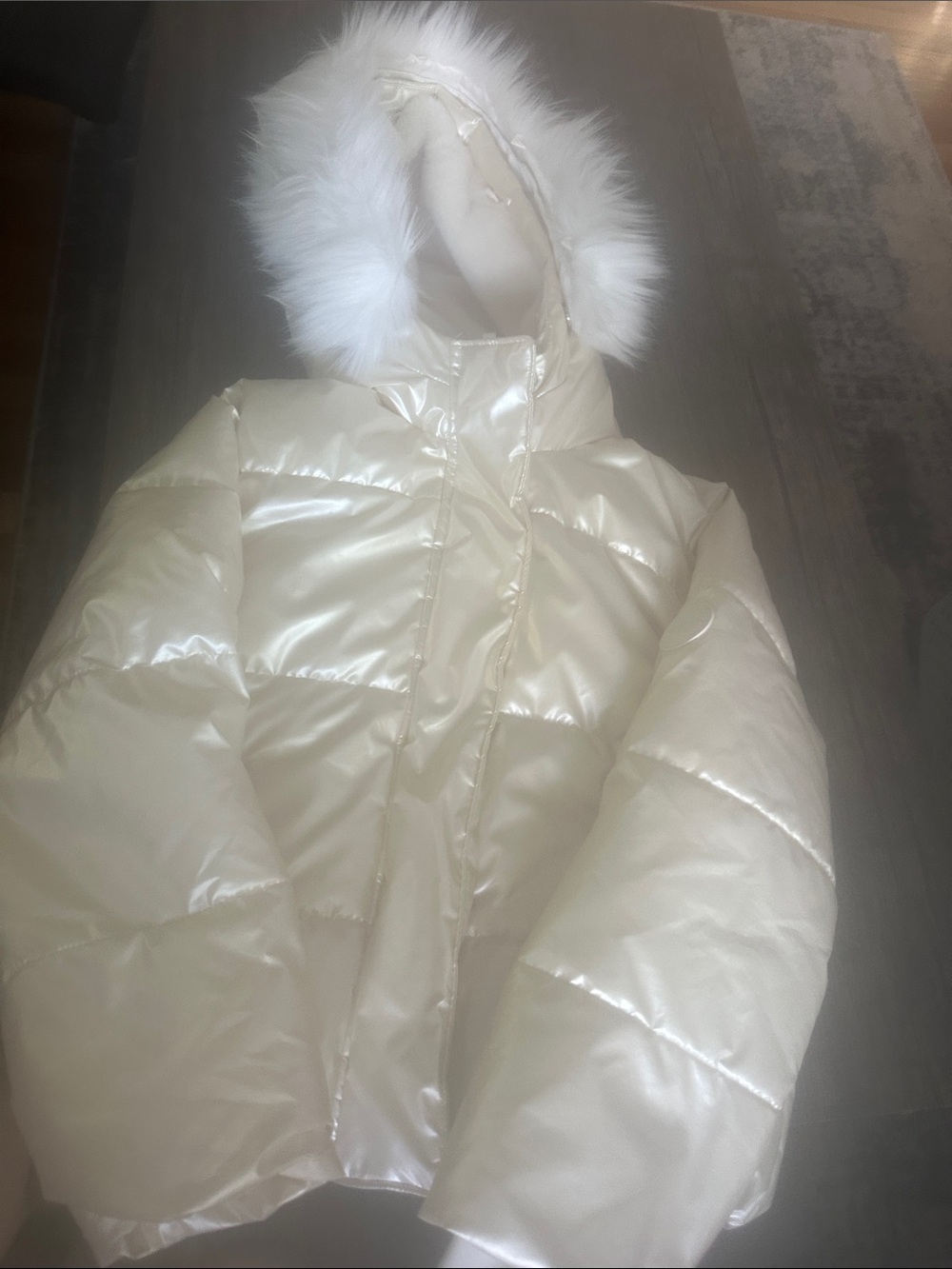 abercrombie kids Pearl White Puffer Jacket with Faux Fur Hood